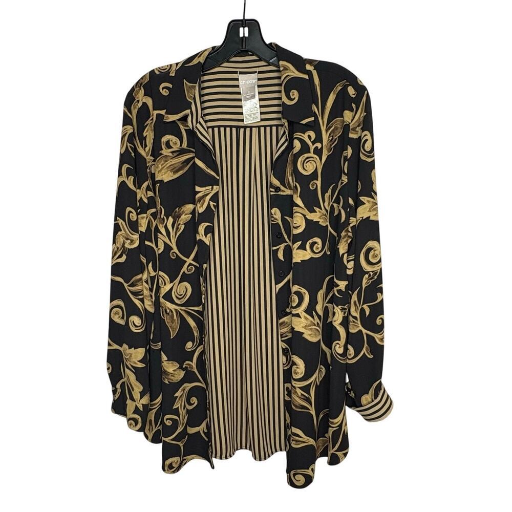 Chico's Black & Gold Reversible Button Up Timeless Classic Shirt Size 2 Large